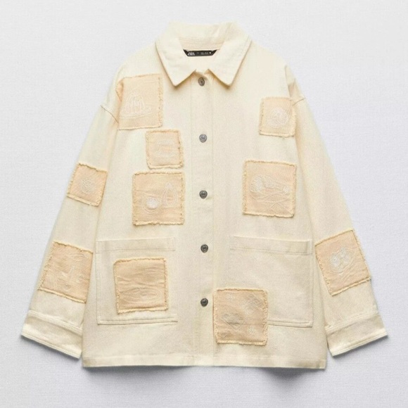Zara Overshirt Jacket w/ Embroidered Patches Bloggers Favorite NWT - Picture 4 of 11